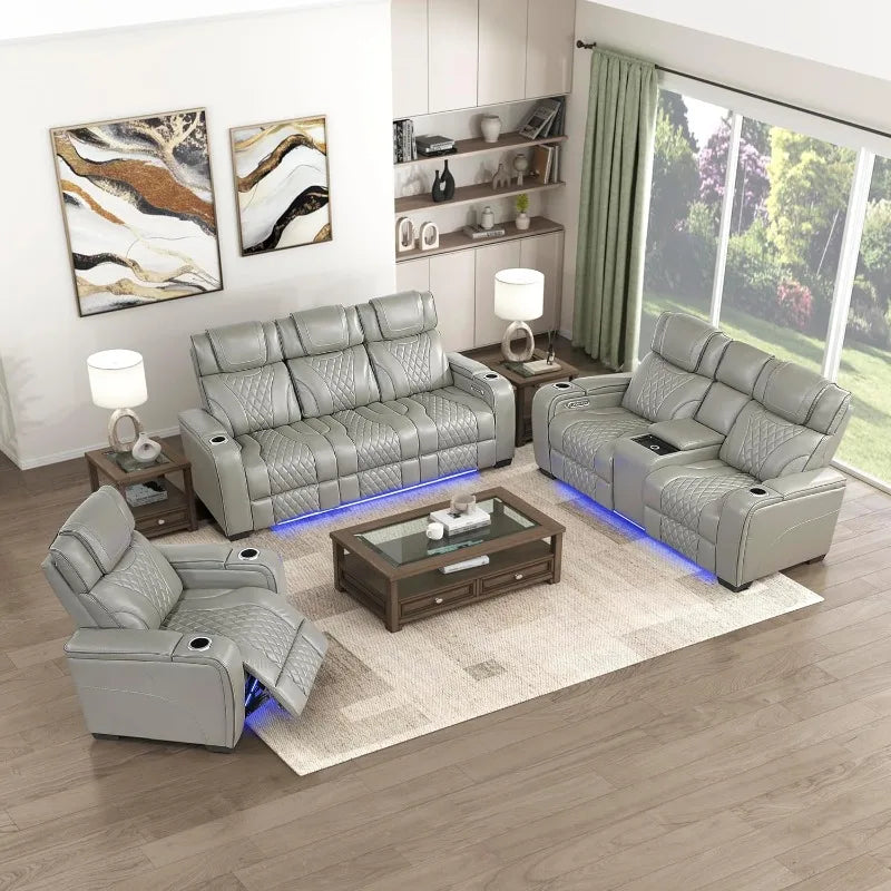 Multi-Function Recliner Set, 3-Piece Grey Sofa with Heat & Massage