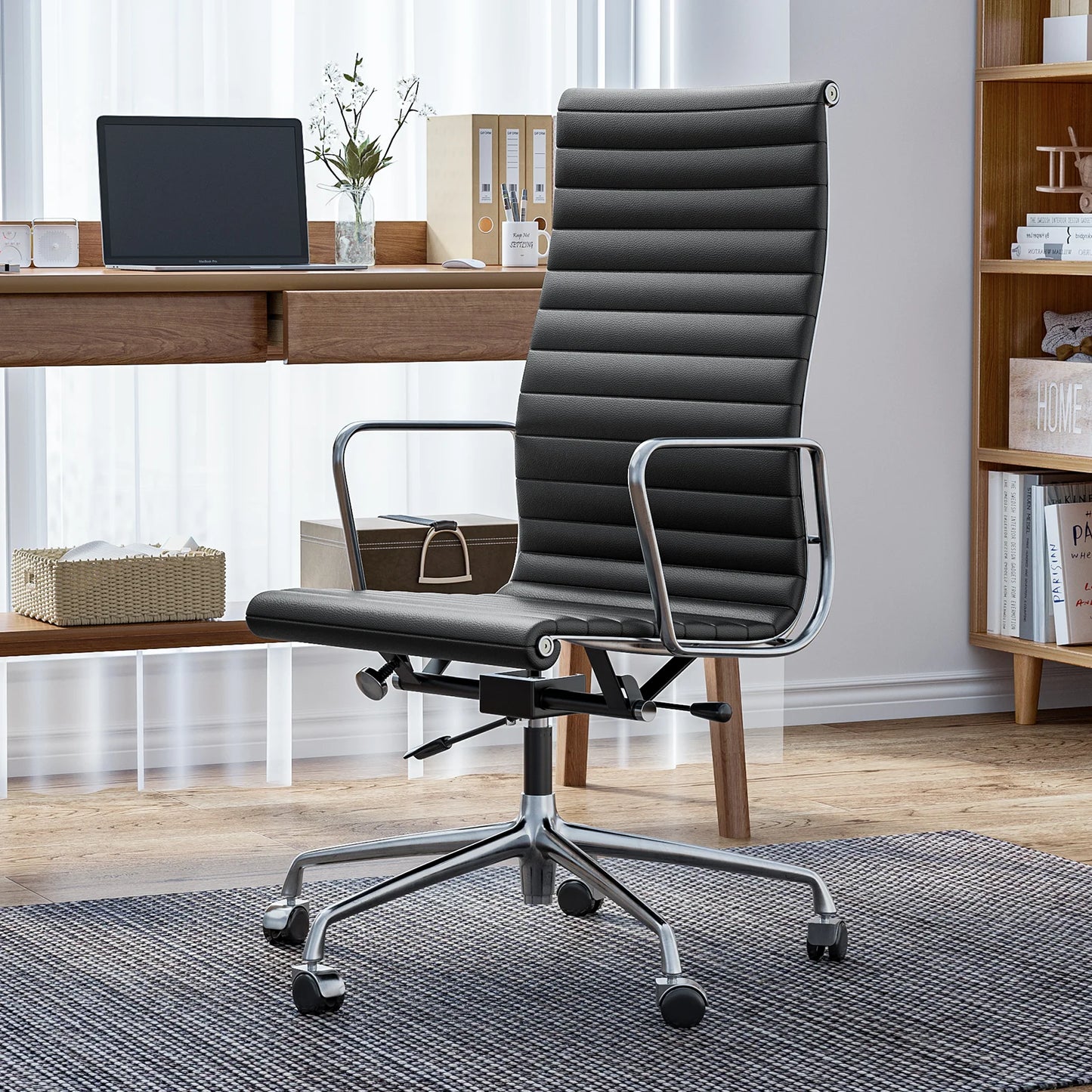 High Back Ribbed Genuine Leather Office Chair Adjustable Ergonomic Computer Chair with Aluminium Alloy Frame Swivel Chair