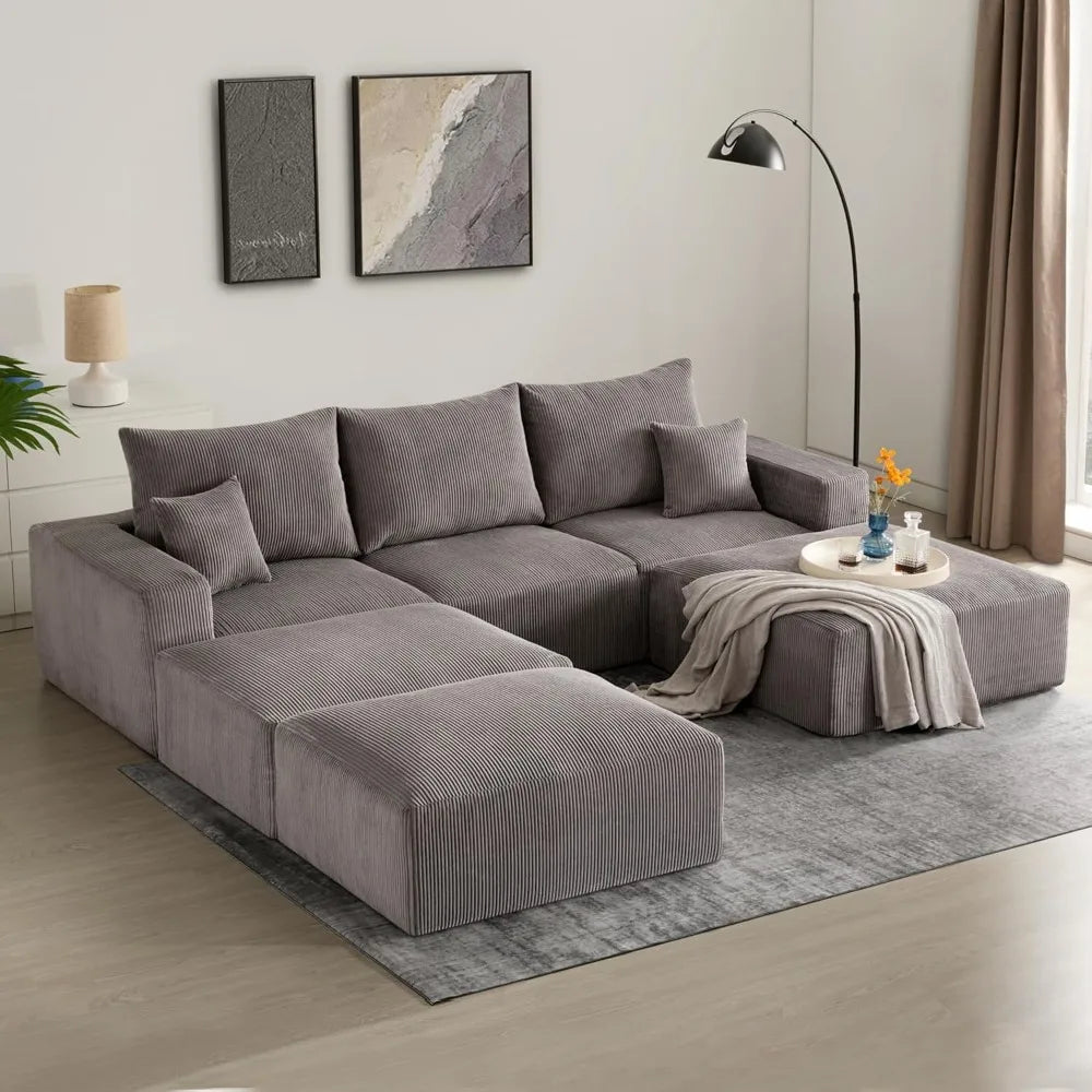 modern 3-seater gray sleeper sofa for living room, 113" modular corduroy couch, no assembly needed