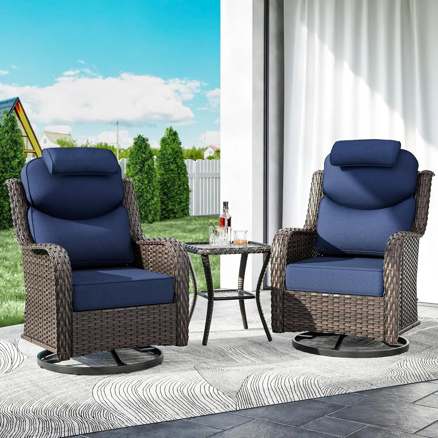 3 Pieces High Back Outdoor Swivel Rocking Chairs Set, 4" Thick Seat Cushions - Patio Furniture Set with Side Table, Headrest