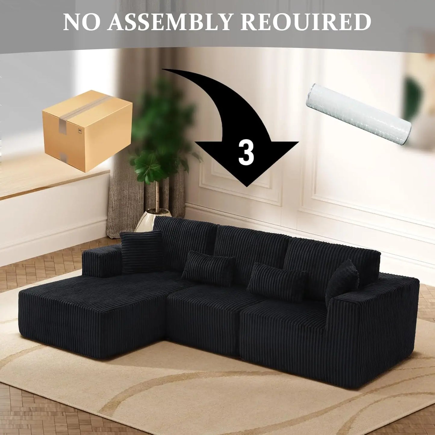 Modular Sectional Sofa, 107' L-Shaped Dark Black Couch with Deep Seat Memory Foam, Plush Corduroy, Left-Facing Chaise
