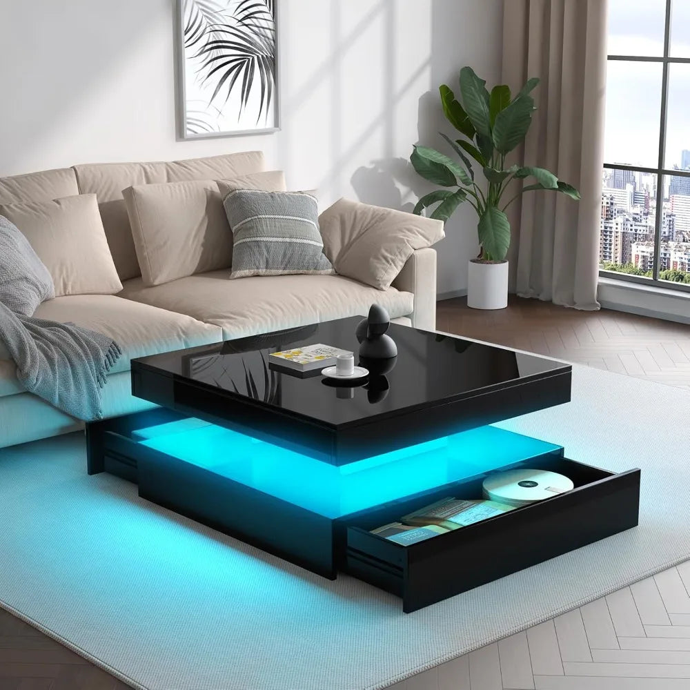 LED Coffee Table for Living Room with Storage - High Glossy Modern White Center Table with 2 Drawers, Square Wooden Middle Tabl