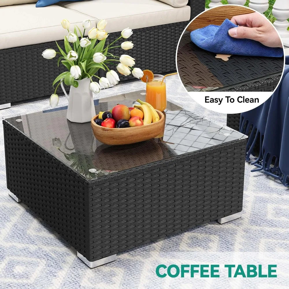 7-Piece Outdoor Patio Furniture Set, Sectional Sofa with PE Rattan Wicker, Conversation Area with Table and Cushions