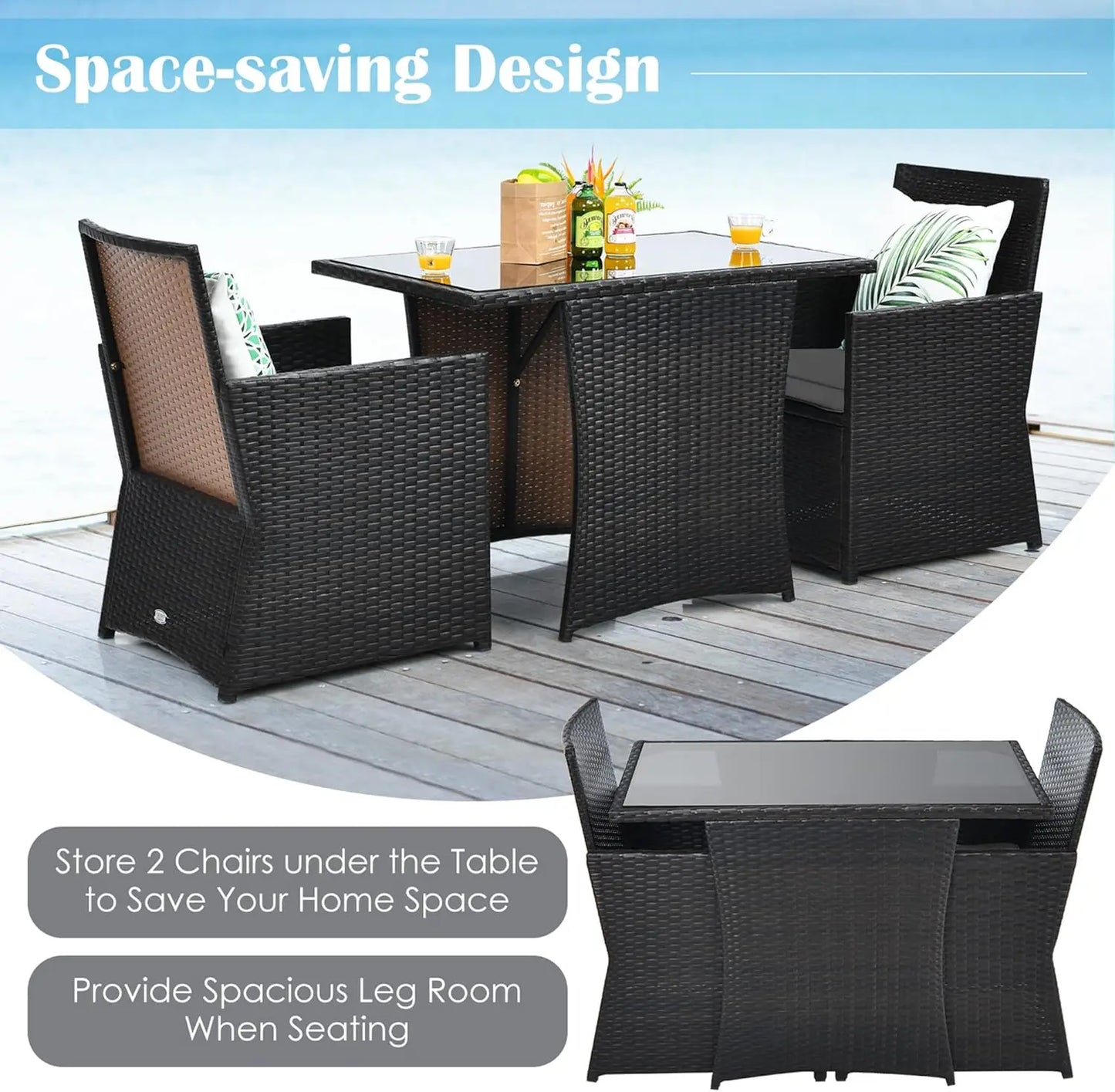 3-Piece Outdoor Rattan Bistro Set with Cushions, Glass Top, Grey