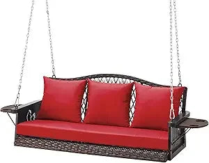 Upgraded Wicker Hanging Porch Swing, Heavy Duty 900 LBS 3-Seat Outdoor Patio Swing Chair Bench, for Adult w/ 8.9ft Hanging Chain