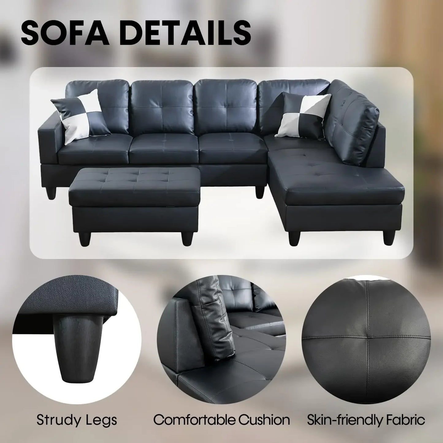 Sectional Couch for Living Room Furniture Sets,Black Leather Sectional Sofa L Shape Couch