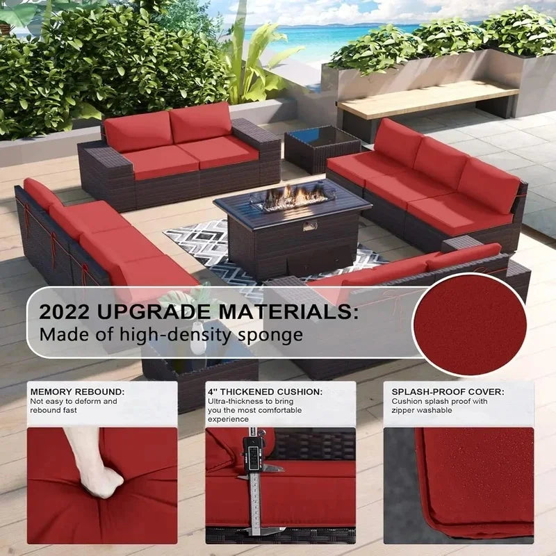 13-Piece Outdoor Patio Furniture Set with Gas Propane Fire Pit Table, PE Wicker Rattan Sectional Sofa in Red Color