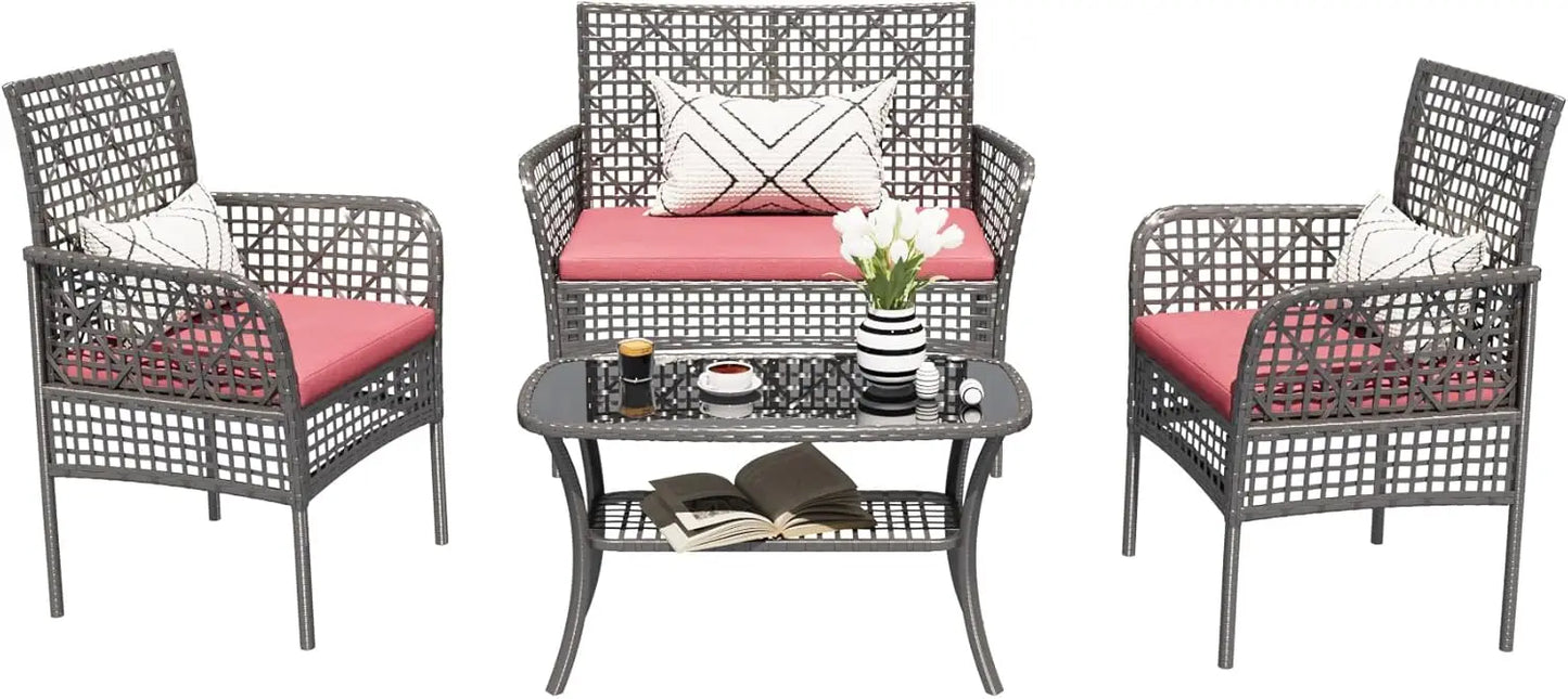 4 Pieces Outdoor Patio Furniture Set,PE Rattan Wicker Garden Conversation Chairs with Tempered Glass Table and Soft Cushions