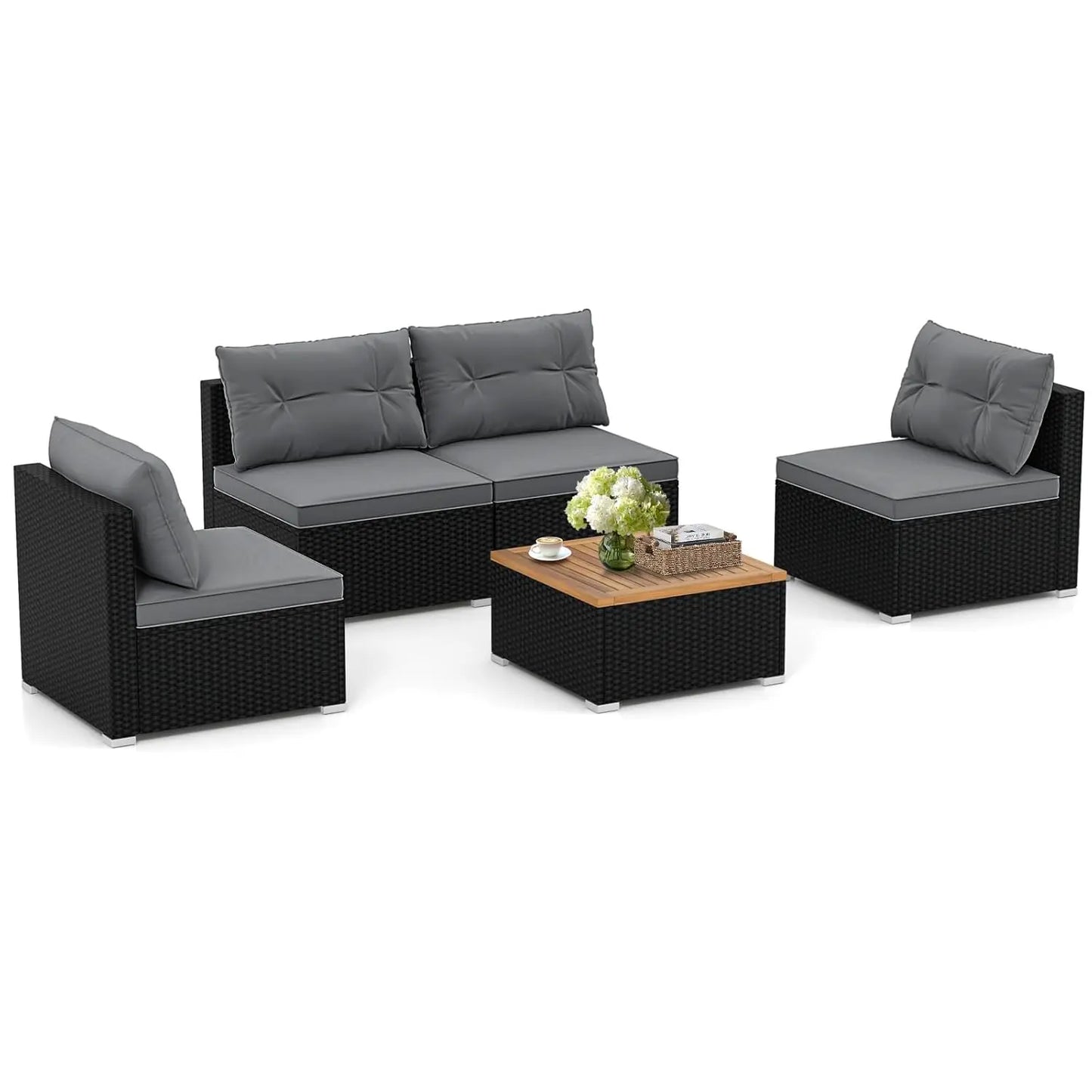 5pc PE Rattan Sectional Set 4 Armless Sofas Acacia Table Cushioned Garden Poolside Backyard Grey Customized
