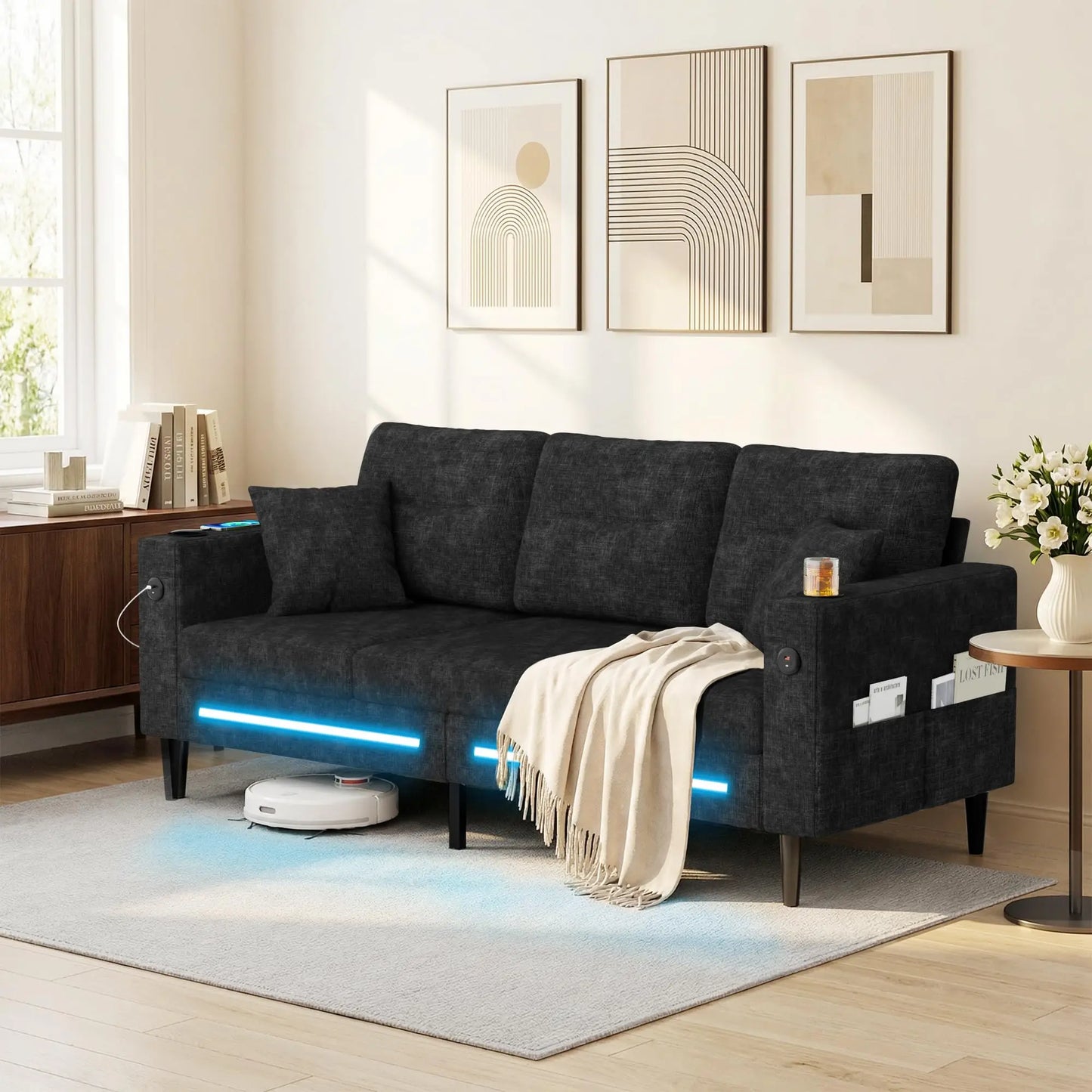 77" Small Cloud Loveseat 3 Seater Sofa, Green | Deep Seat, LED Light, USB Charger, Chenille, Modern, Customized