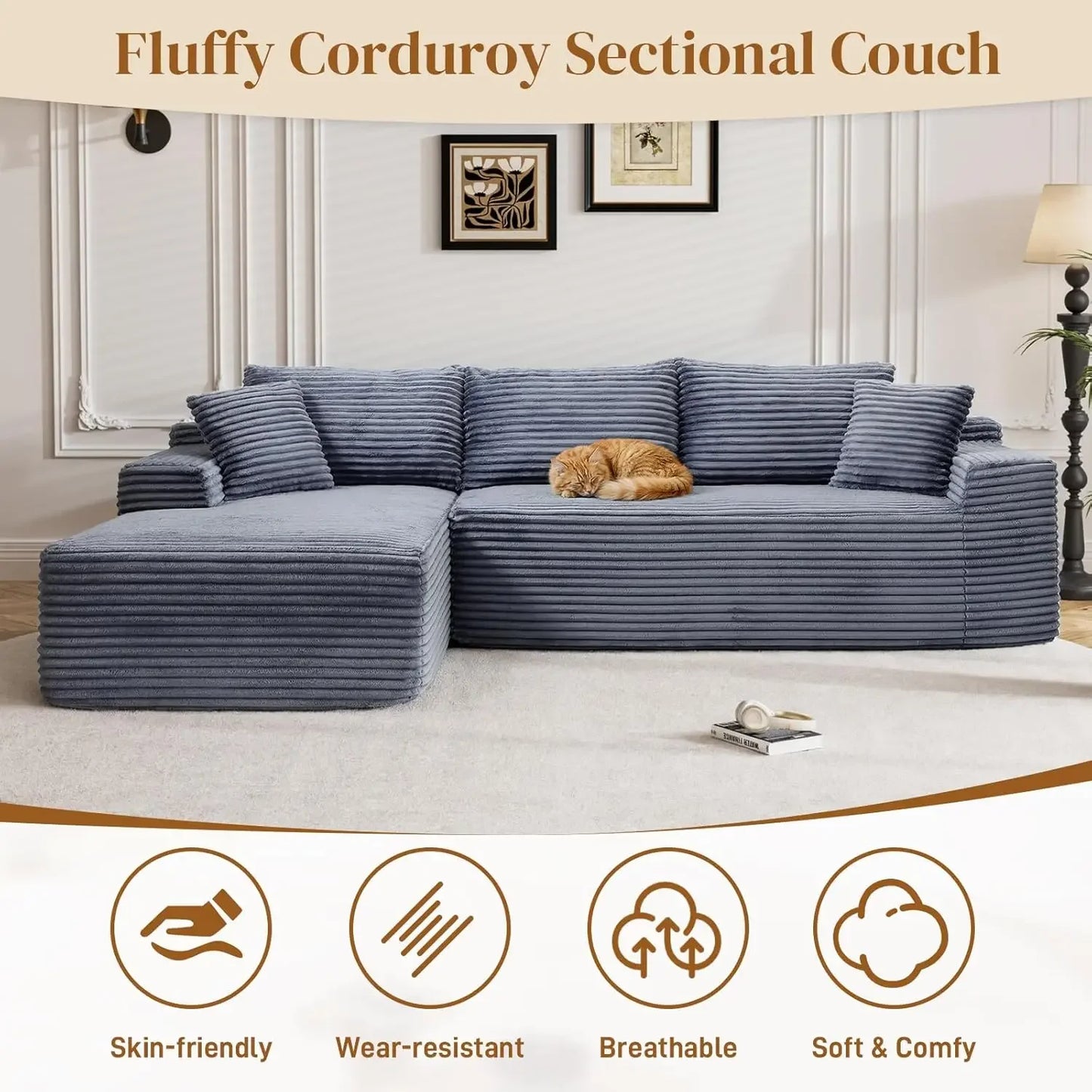 95" Modular Sectional Sofa L Shaped Couch for Living Room, Fluffy Corduroy Deep Seat with Chaise, Grey No Assembly