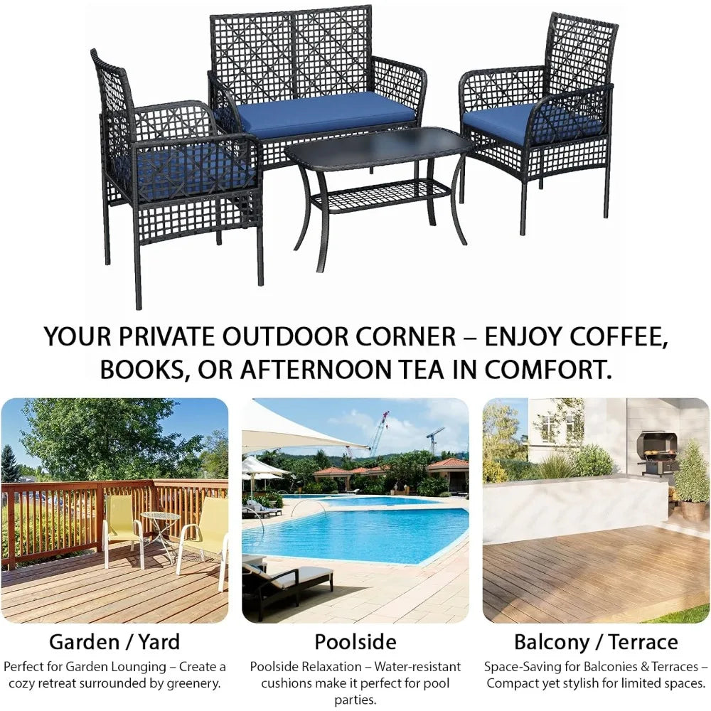 4-Piece Patio Furniture Set, Weather-Resistant Rattan Patio Conversation Set with Two-Tier Coffee Table, Upholstered Openwork