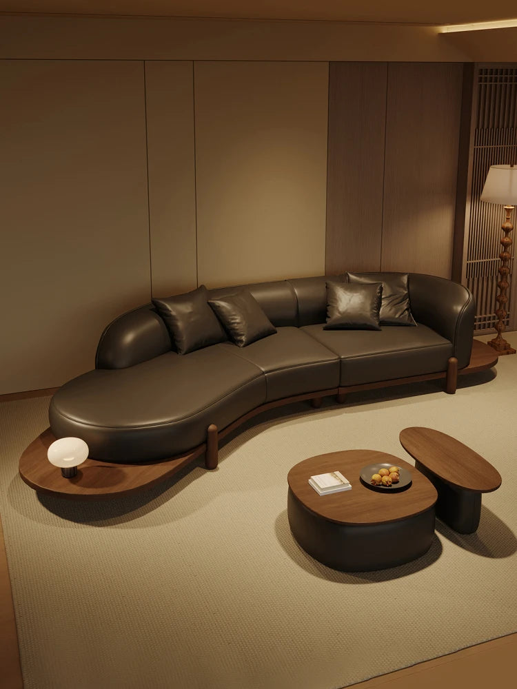 Log wind special-shaped corner sofa leather light luxury high-end sense Song-style aesthetics simple modern living room 2025 new