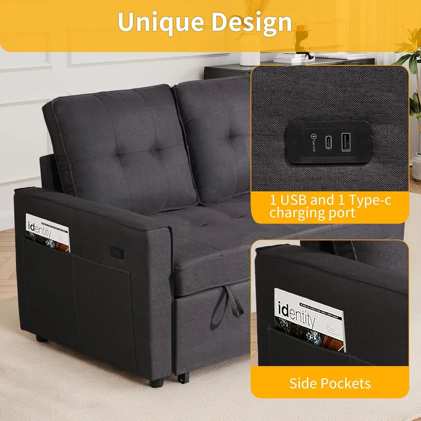 Convertible Sofa Bed with USB, Reclining Backrest & Storage Pockets - 3-in-1 Sleeper for Small Spaces (Dark Grey)