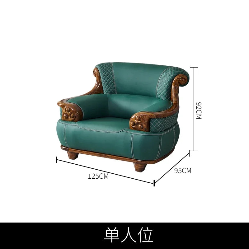 New Chinese-style thick leather sofa with solid wood 123 living room combination large apartment villa furniture FT