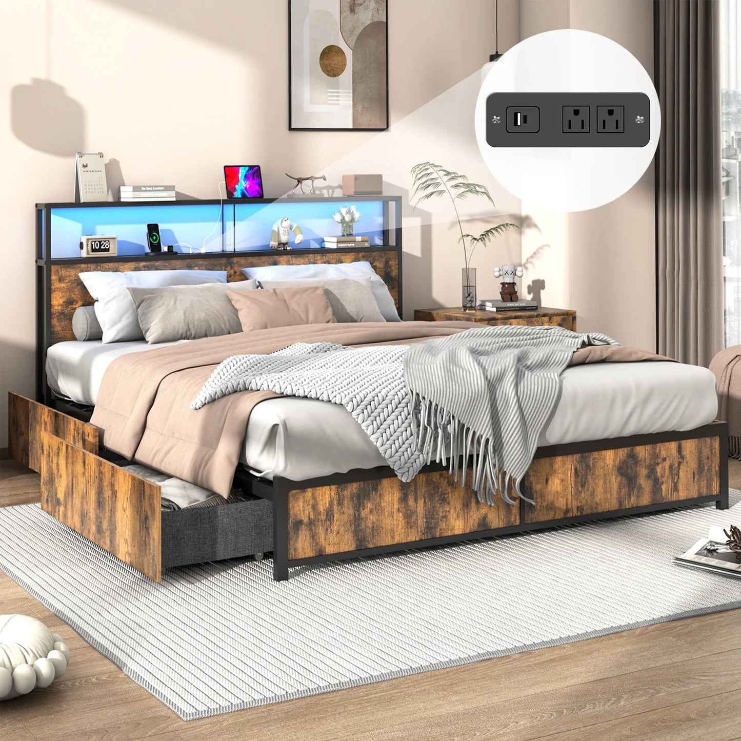 LED Bed Frame Full/QueenKing Size with 2 USB Ports and Outlets, Platform Metal Bed Frame with 4 Storage Drawers and Headboard