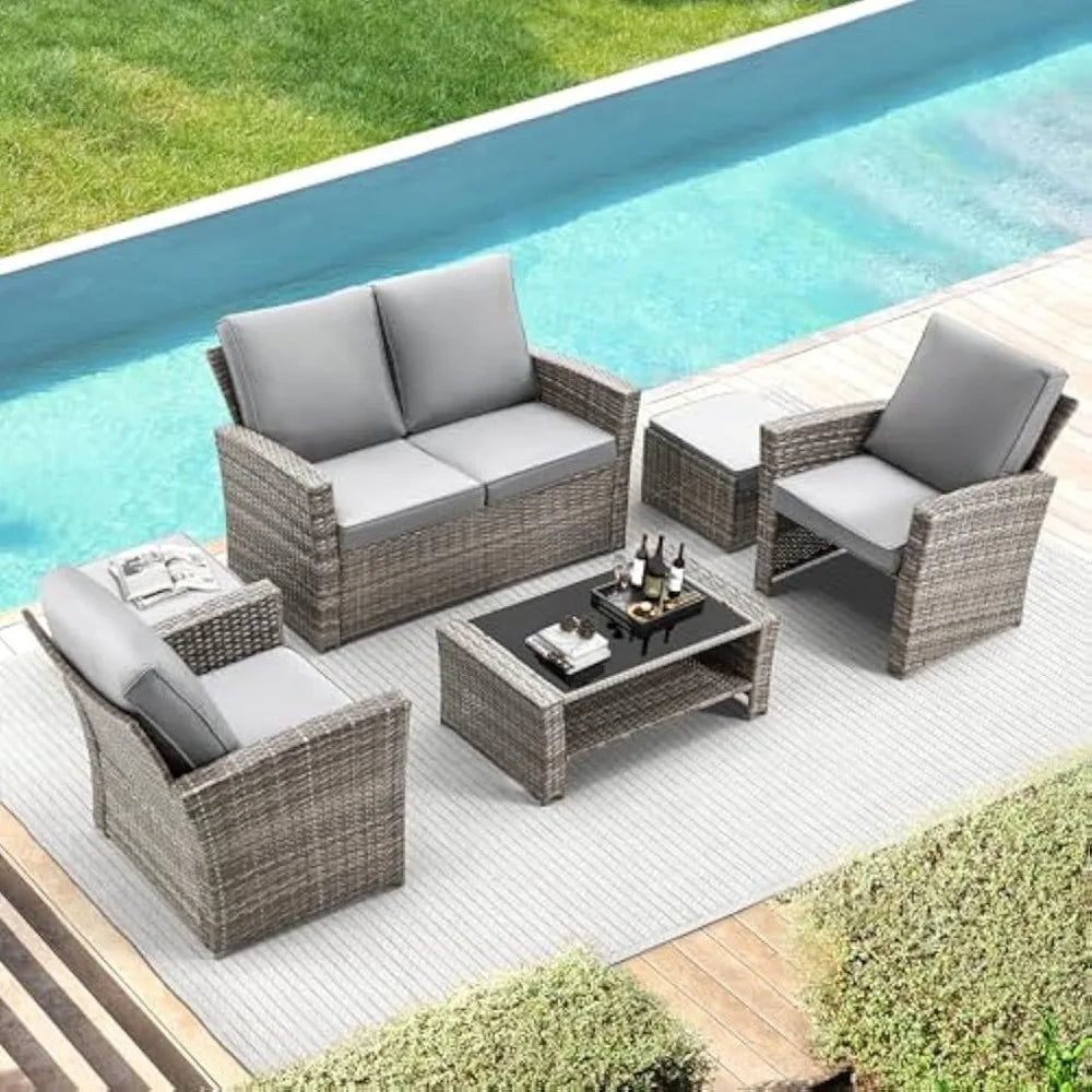 6 Pieces Patio Furniture Set, Outdoor Sectional Conversation Rattan Sofa Set with Ottoman and Outdoor Storage Table for Garden,