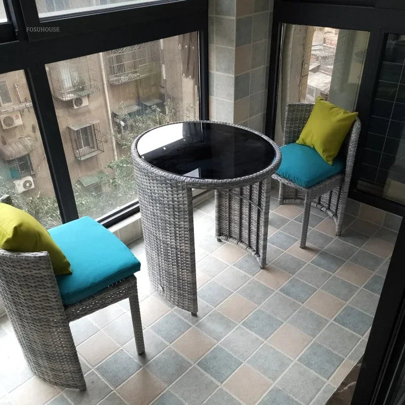 Courtyard Terrace Outdoor Round Table and Chairs Balcony Rattan Garden Furniture Set Patio Leisure Table and Chairs Three-piece