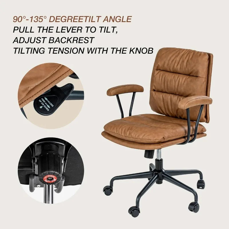 Modern Brown Office Chair,Mid-Back PU Leather Desk Chair with Comfy Arms and Lumbar Support for Small Spaces