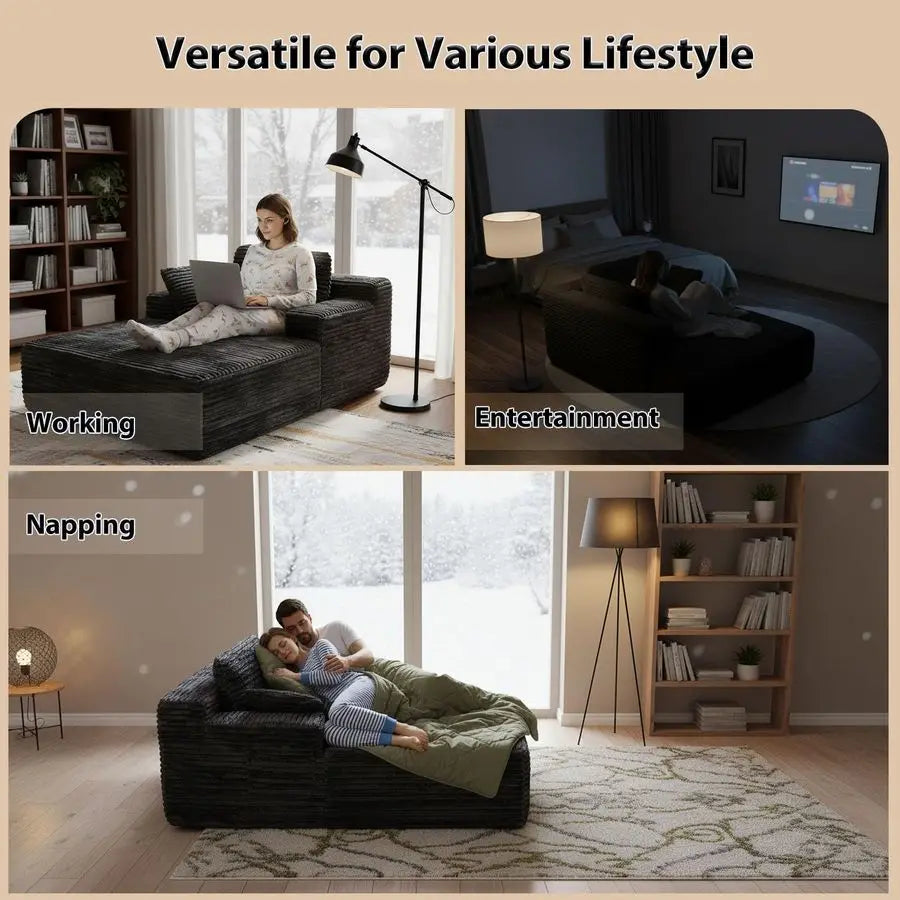 Sofa Bed with Side Pocket, 67 Oversized Corduroy Couch, Reading Chaise Lounge, Deep Seat Boneless Couches for Living Room, No A