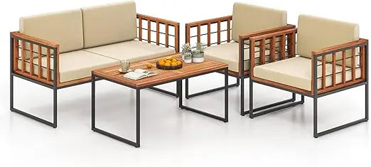 Acacia Wood Outdoor Sofa Set, 4 Pieces Outdoor Furniture Set with Heavy Duty Metal Frame, Soft Seat & Back Cushions, for Balcon