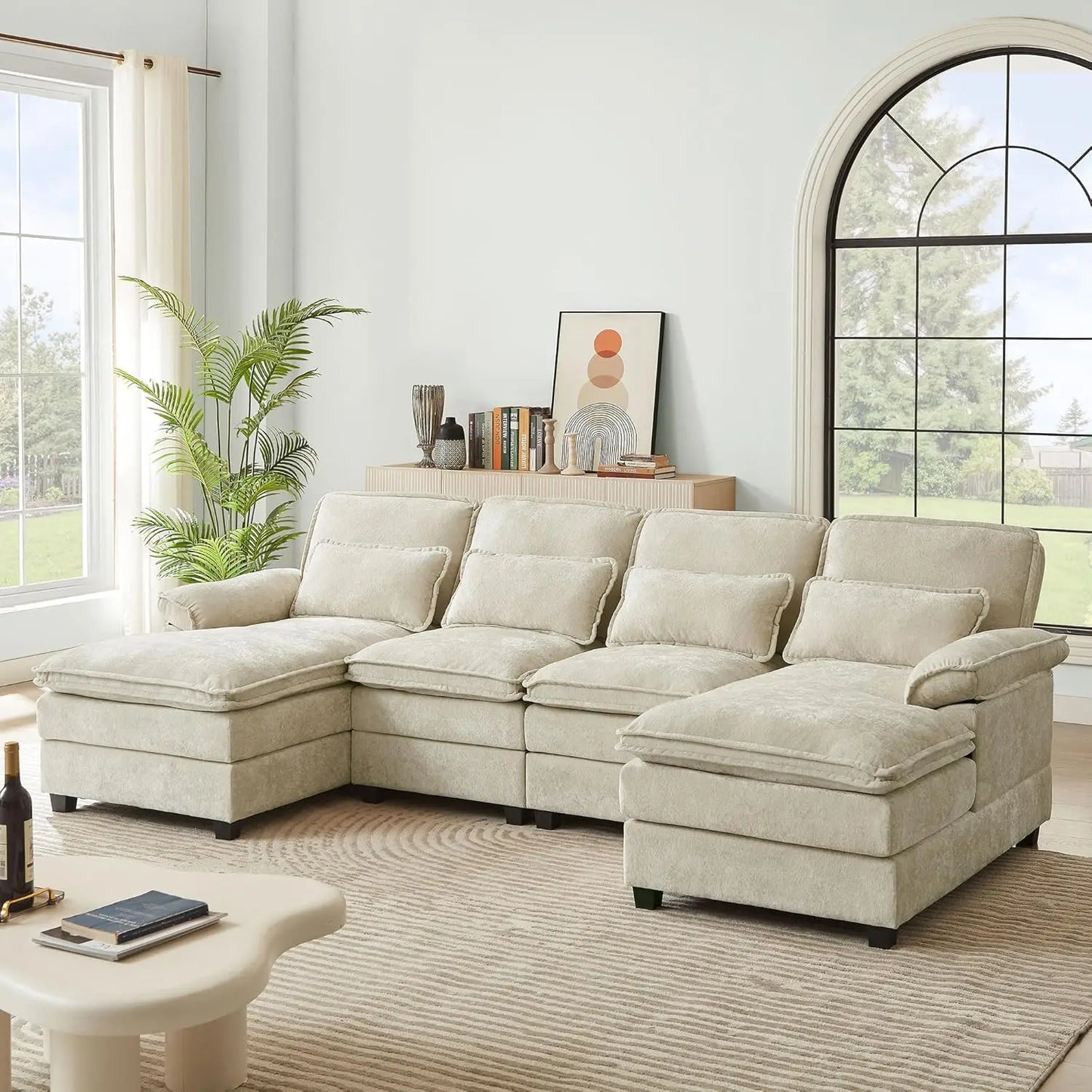 Chenille Sofa Sleeper Deep Seat Sofa with 4 Throw Pillows, 4-Seater,113" U Shaped Sectional Sofa, Comfy Cloud Couch