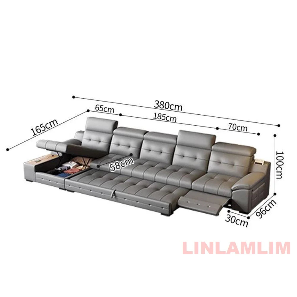 Electric Reclining Sectional Sofa Bed with Cup Holder & Adjustable Headrests – Italian Genuine Leather Convertible Sleeper Couch