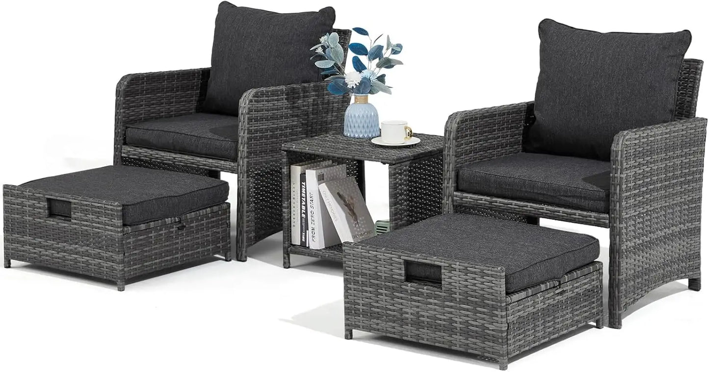 Wicker Patio Furniture Set, Balcony Furniture with Ottoman & Side Table for Lawn Pool Garden (Grey&Grey Rattan)