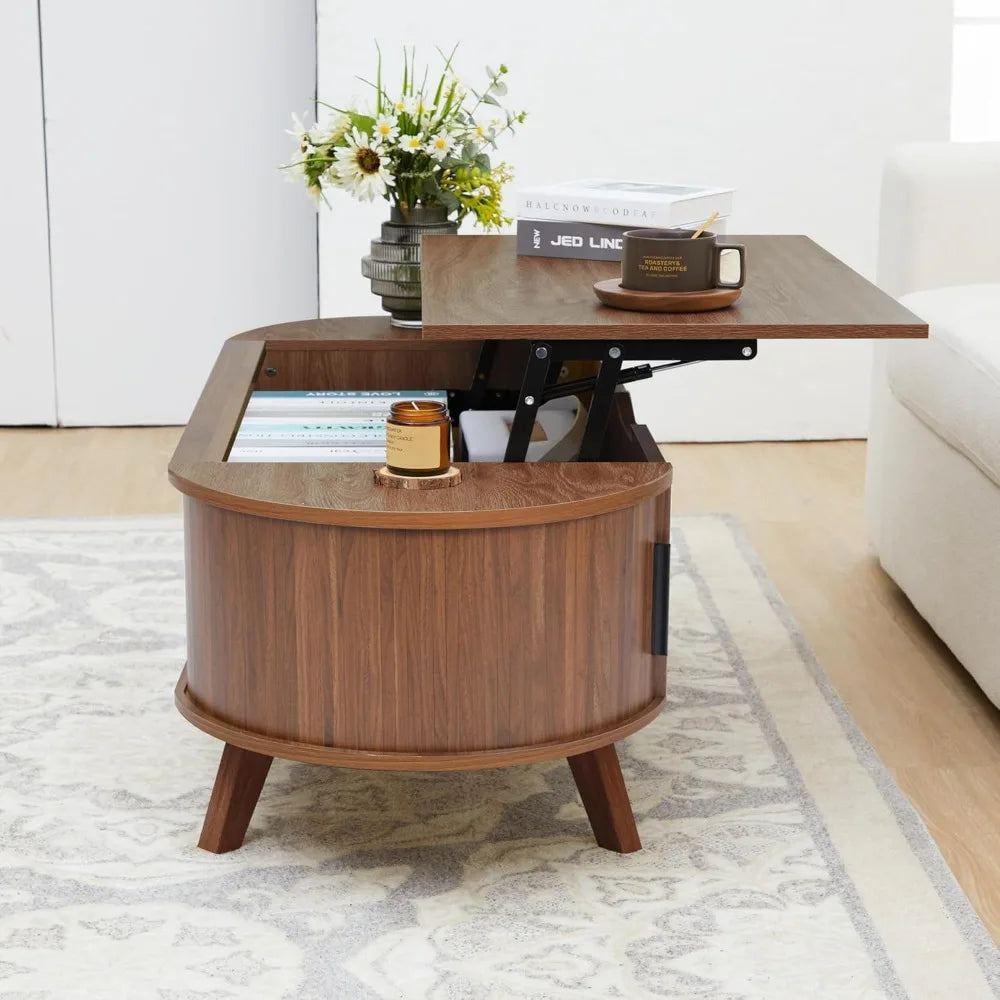 Small Lift Top Coffee Table with Sliding Tambour Door, 47.3" Mid Century Modern Curved Coffee Table with Storage, Oval Center Ta