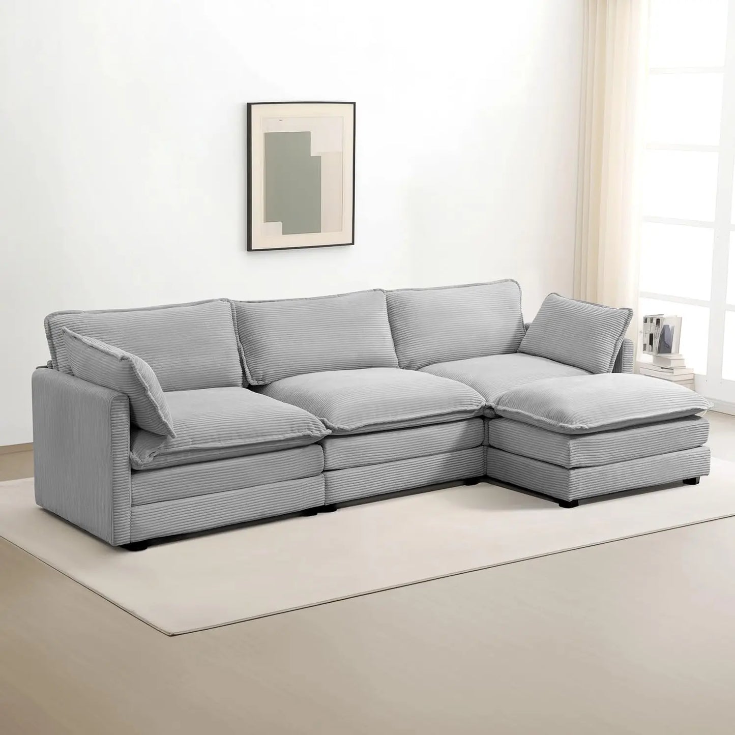 Oversized Modular Sectional Sofa Movable Ottoman 112in 4 Seat Corduroy Convertible L Shape Living Room Office Beige Custom