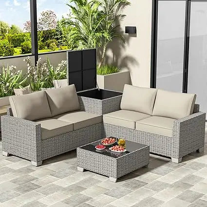 4-Seater All-Weather Outdoor Patio Furniture Set with Storage & Table, L-Shaped Sectional Sofa & Corner Couch - PE Rattan Wicker