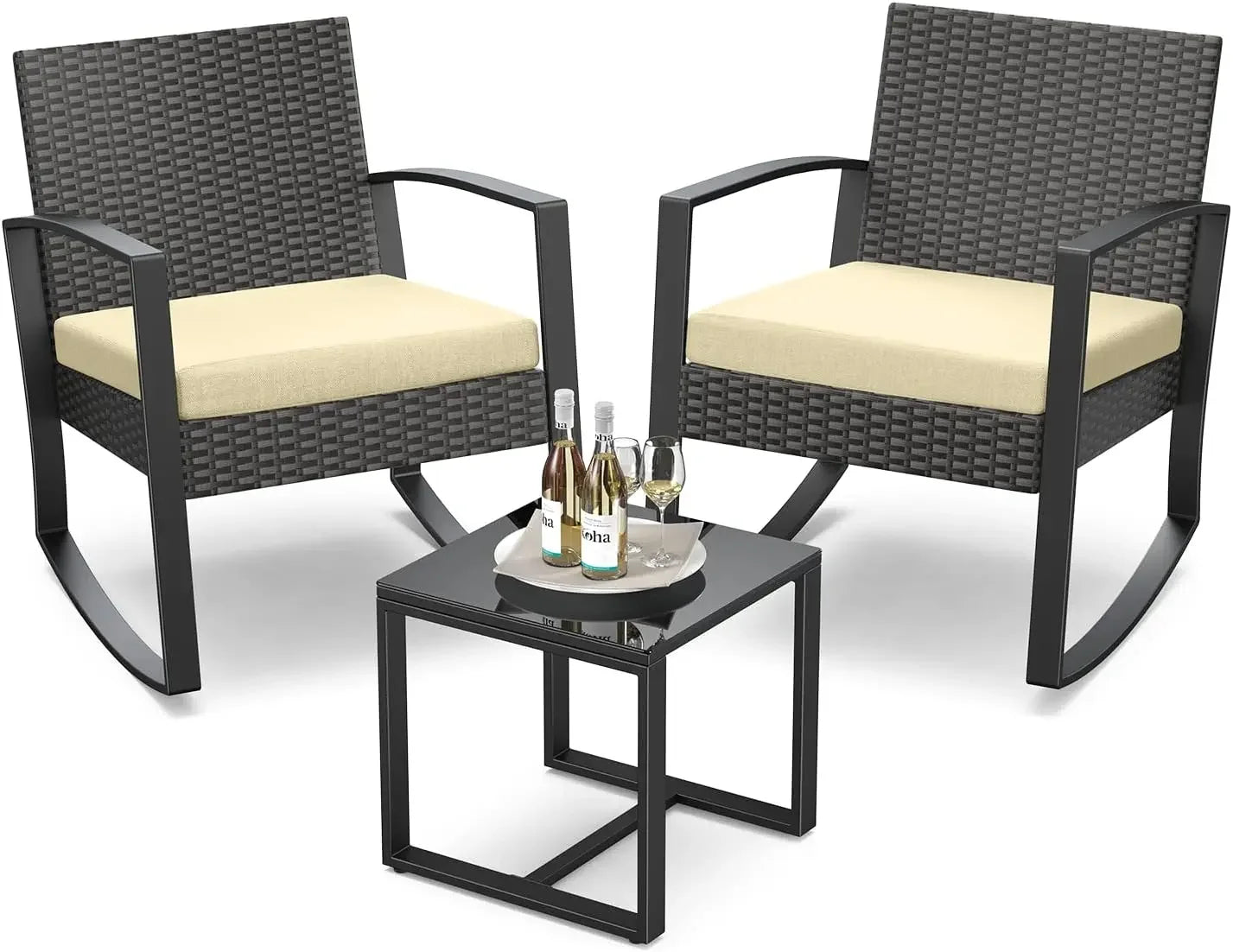 %a Patio Furniture Set Rocking Bistro Set Outdoor Rattan Conversation with Coffee Table for Garden Balcony Backyard