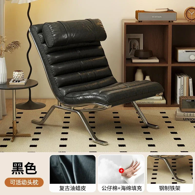 Mid-Century Modern Leather Lounge Chair, Minimalist Accent Leisure Chair with Chrome Metal Base, Retro Style for Living Room