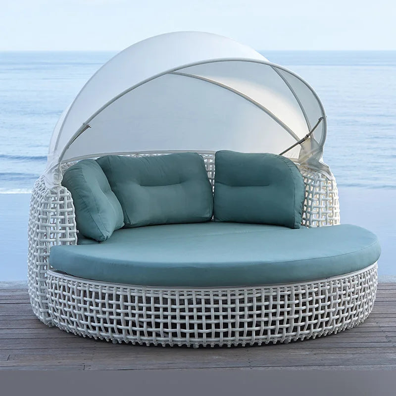 Outdoor leisure rattan sofa queen bed rough rattan recliner round bed combination with canopy round rattan awning lying outside