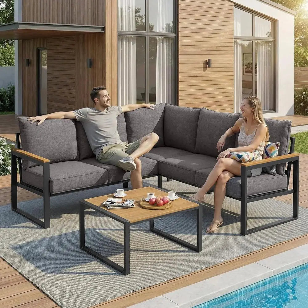 6-Piece Outdoor Sectional Sofa Set with Side Table, L-Shaped Patio Furniture, Grey