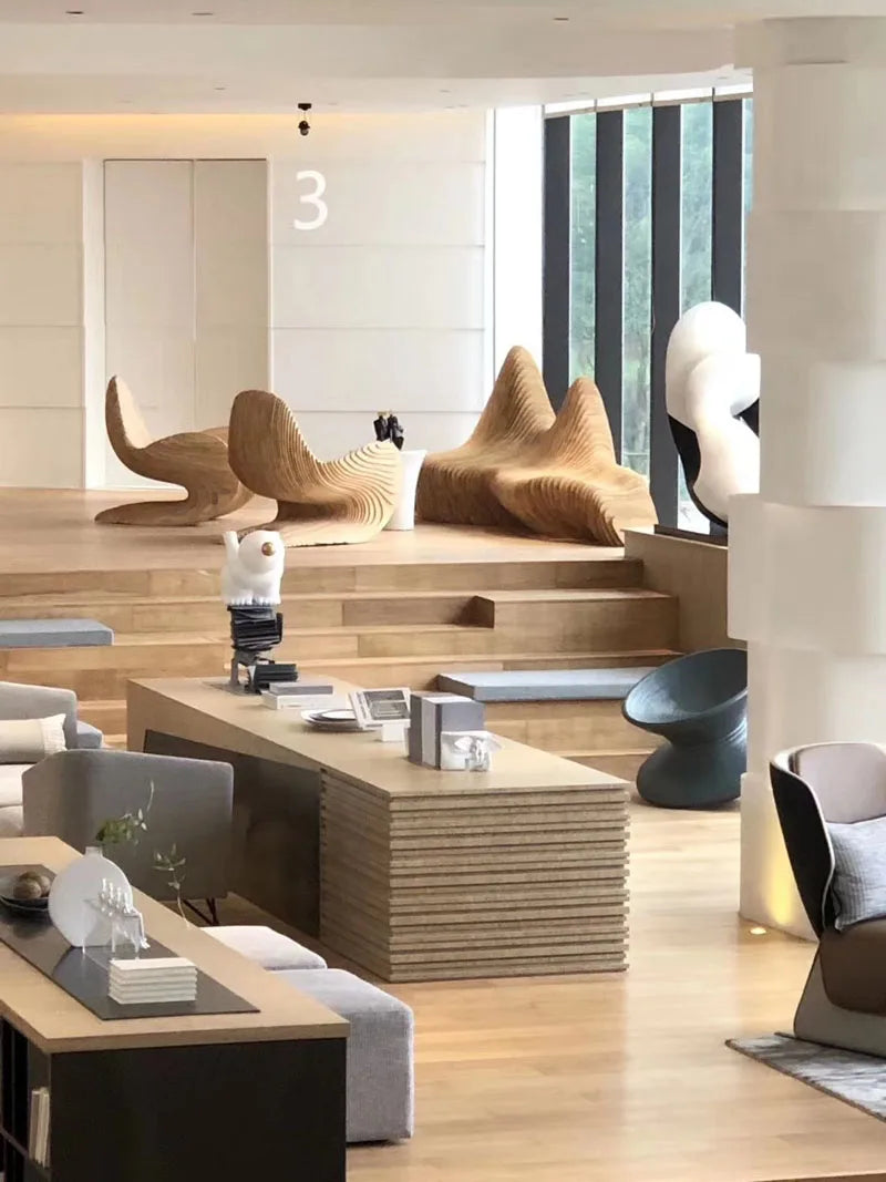 Bespoke Unique Shaped Leisure Chair Minimalist Design Accent Solid Wood Armchair for Home Hotel Art Furniture
