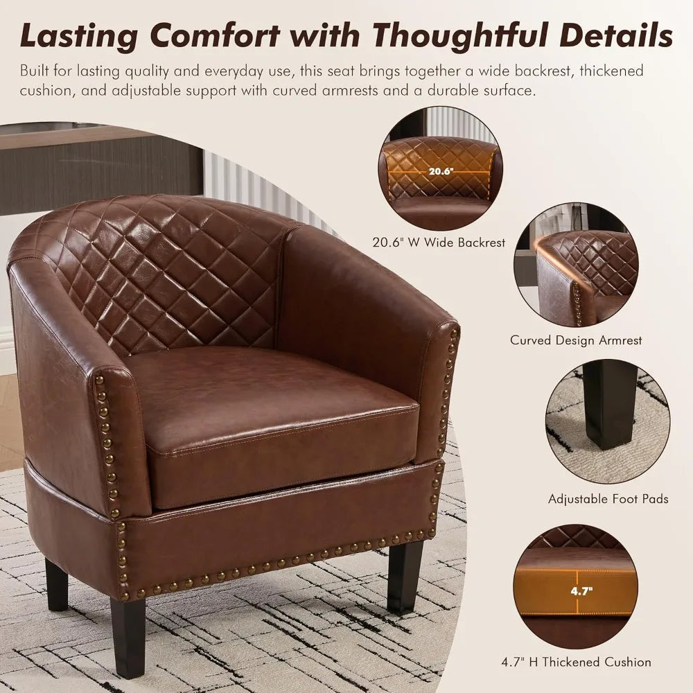 PU Barrel Chair Living Room Chair, Upholstered Sofa Club Chair with Nail-Heads and Solid Wood Legs for Bedroom