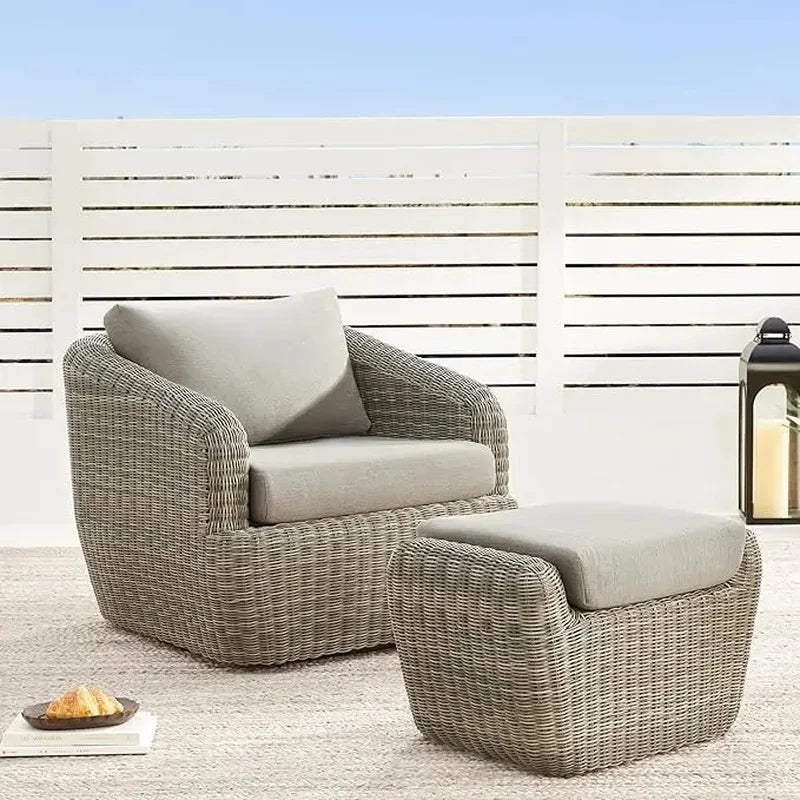 Swivel Rattan Chair with Removable Cushions for Outdoor Use, Perfect for Patios, Decks, and Sunrooms, Gray Cushions Included