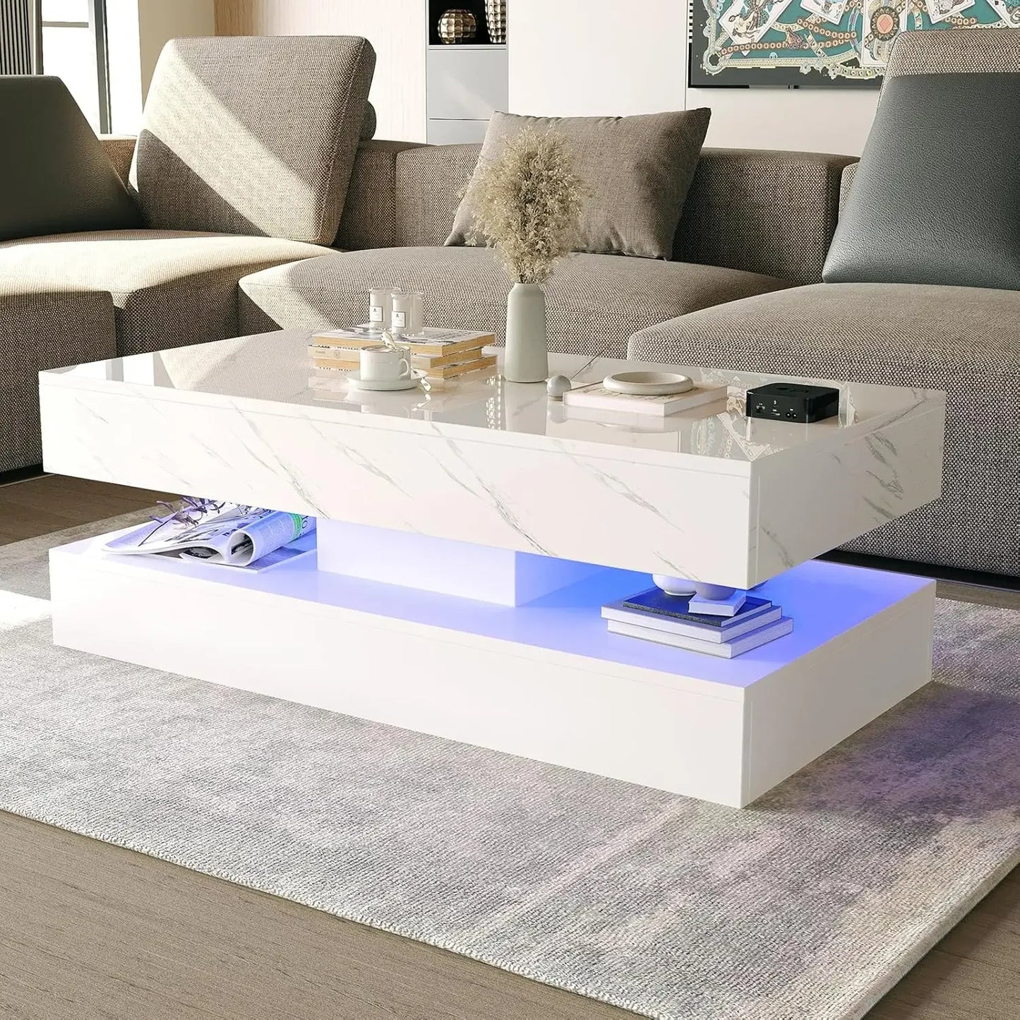 LED Coffee Table with Storage Drawers, Modern High Gloss Coffee Table Colors LED Lights, Rectangle Center Table