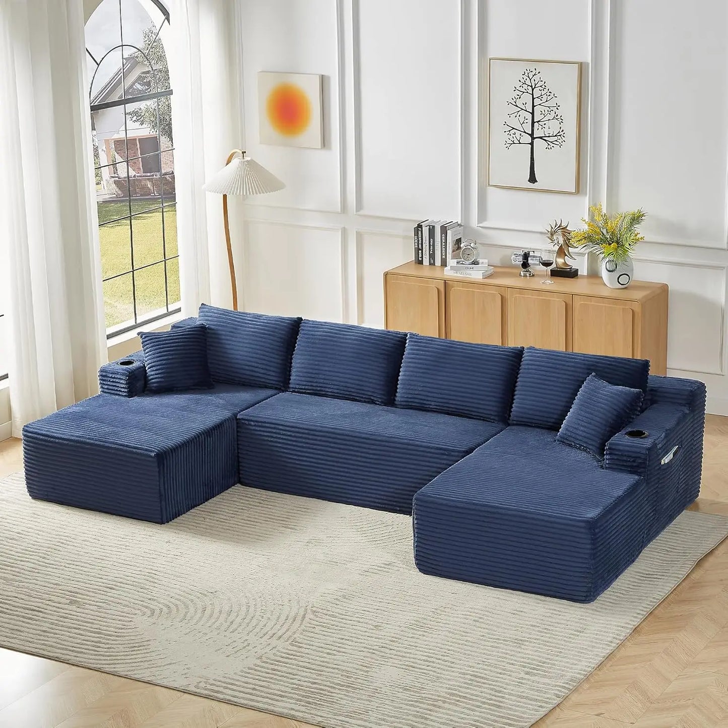 133.5" Black Corduroy Boneless Sectional Couches for Living Room, Oversized Plush U Shaped Cloud Couch Modular Sectional Sofa wi