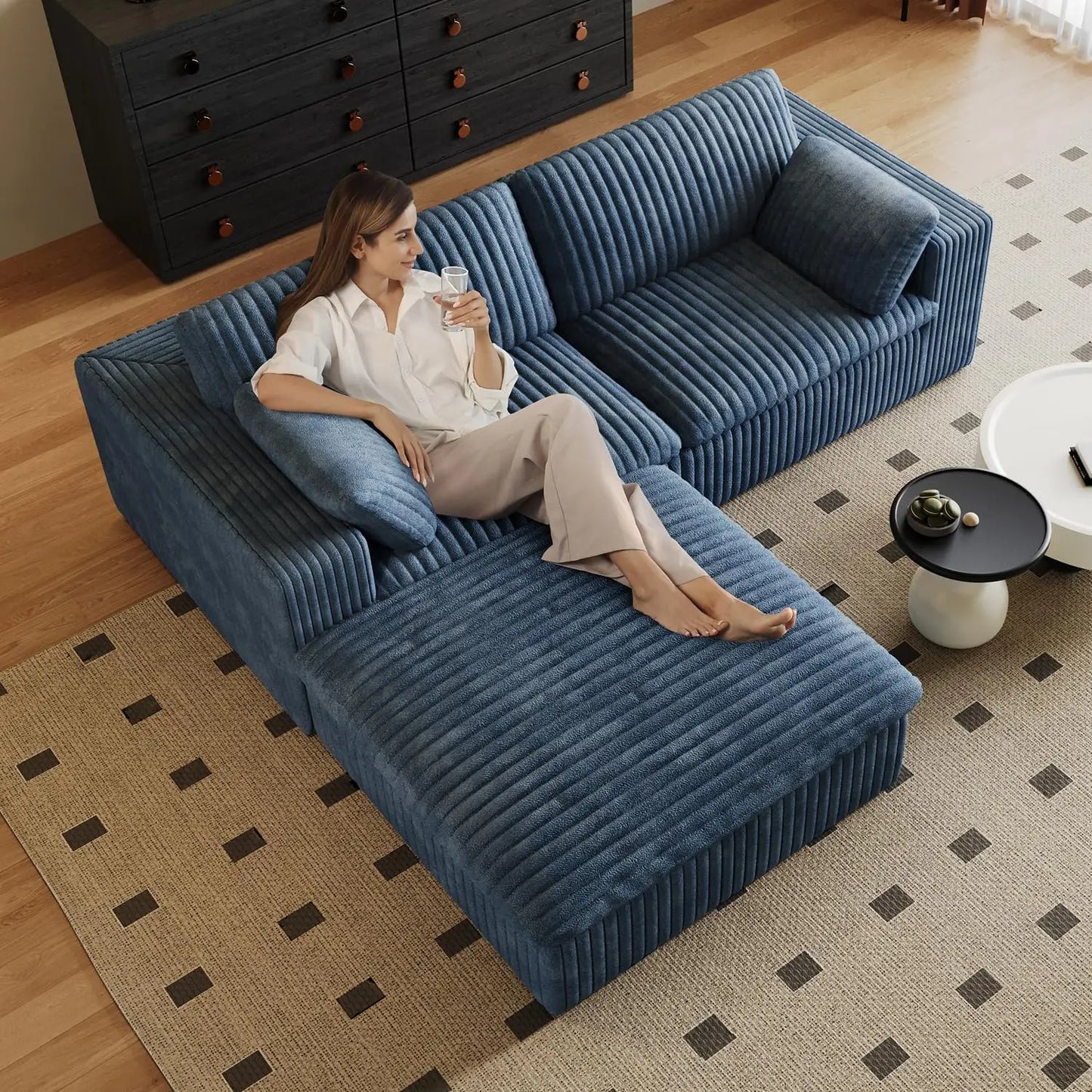 78.8" L - Shaped Modern Modular Sectional Cloud Couch with Ottoman: Plush Corduroy Upholstered Sofa for Living Rooms, Bedrooms