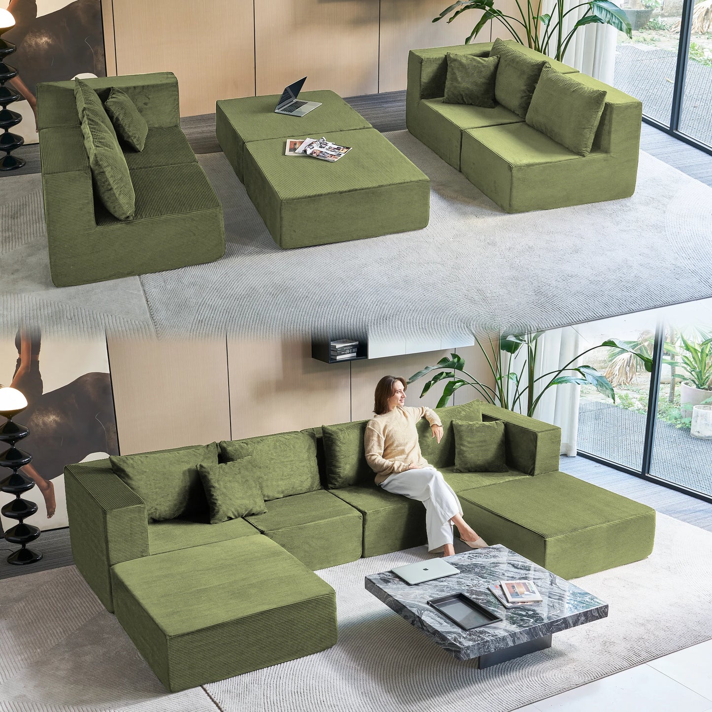 140" Modular Sectional Sofa Couches Corduroy Sleeper Deep Seat Sofa Bed, Comfy Cloud Couch for Living Room Floor Sofa, 6 Piece F