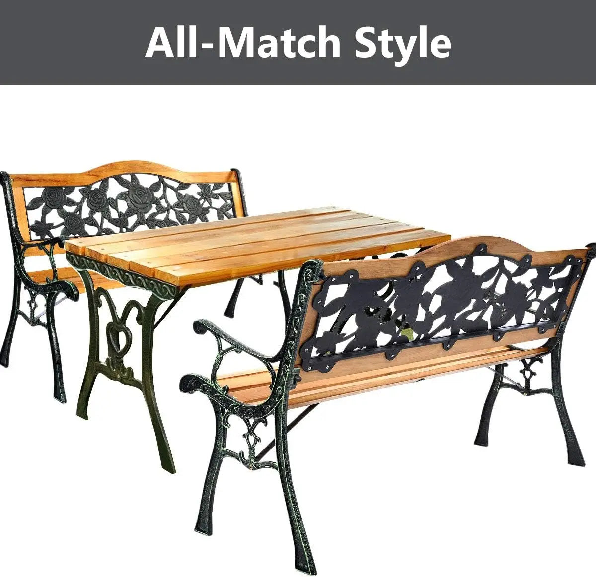 50 Cast Iron & Hardwood Patio Loveseat, Weather-Resistant Outdoor Bench for 2, Suitable for Porch and Garden