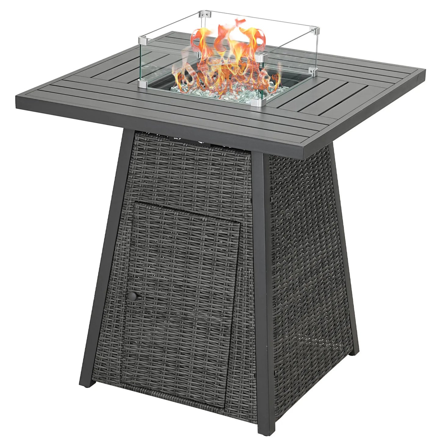 36" Square Fire Pit Table Outdoor Bar High Fire Tables Gas for Outside Patio Wicker Propane with Glass Fire Beads