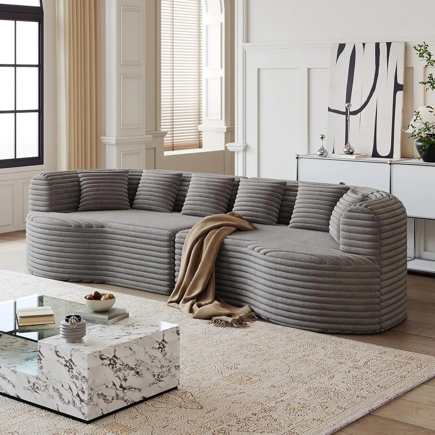 Oversized Curved Sectional Sofa, 106” Modern Boneless Modular 4-Seater Couch with 6 Pillows Corduroy Deep Seat Sofas, Custom