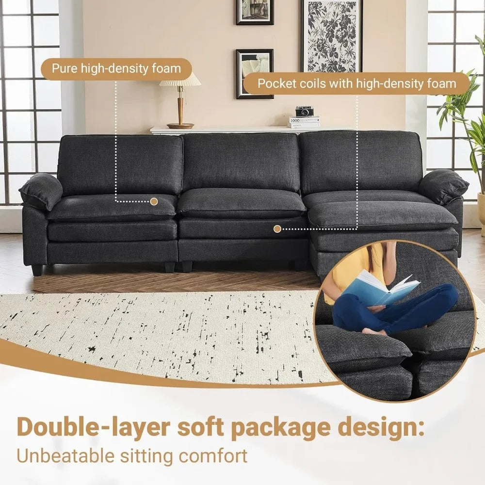 121 Inch Cloud Couch Comfortable Modular Sectional Sofa For Living Room Modern Linen 3-seat Convertible Loveseat Sofa Apartment