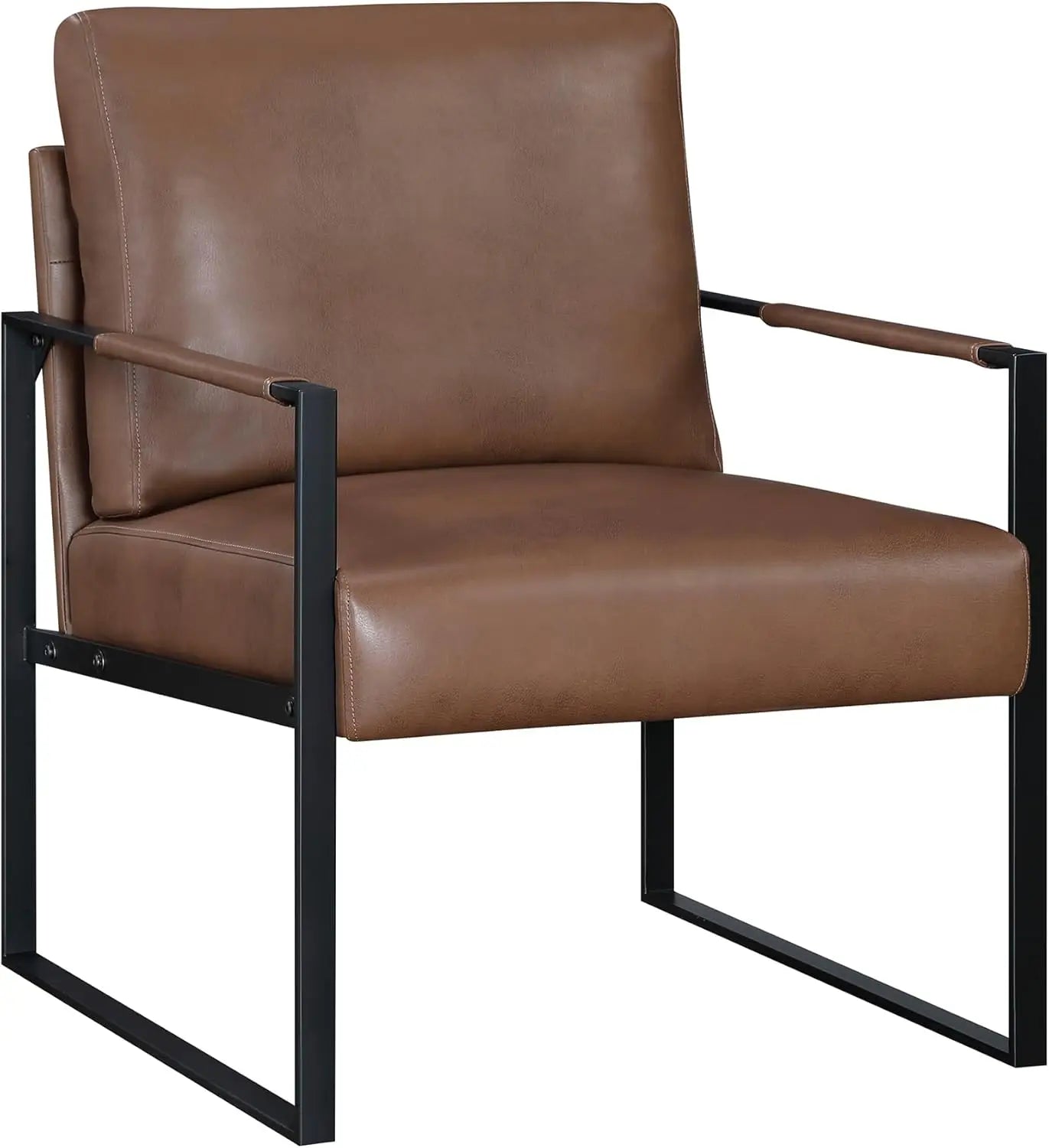 Modern Accent Chair, Faux Leather Upholstered Living Room Chair with Wrapped Armrests, Arm Chair with Black Metal Frame,
