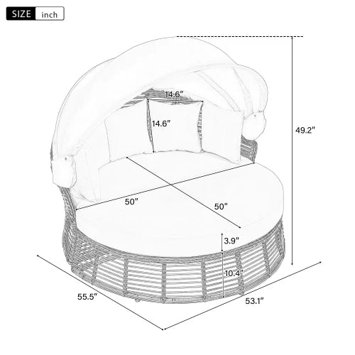 Outdoor terrace rattan circular sofa with retractable canopy, willow furniture circular poolside sofa with detachable cushion