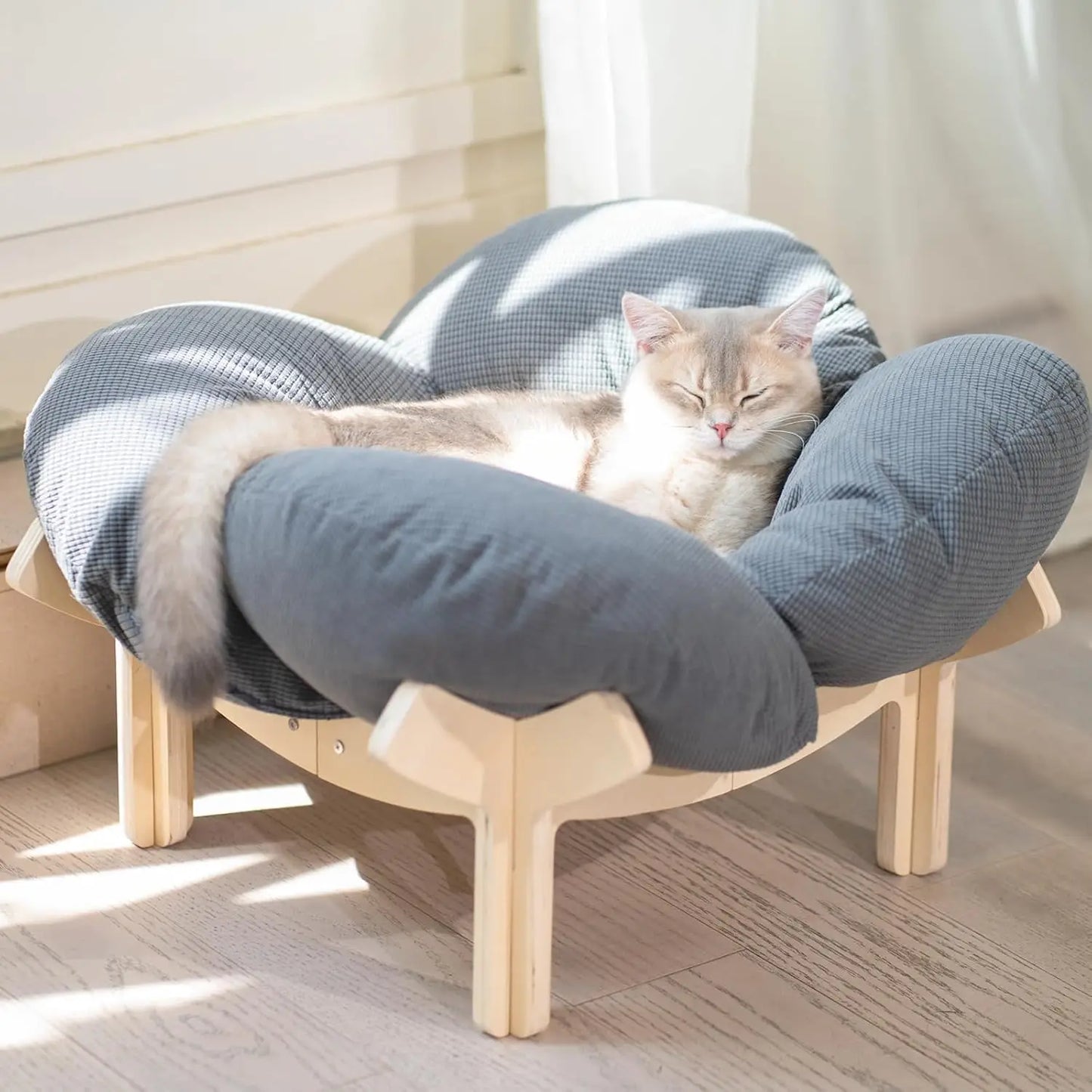 Elevated Cat Bed Wooden With Cushion Fluffy Pet Couch Sofa For Indoor Cats Raised Kitty Lounge Chair Suitable