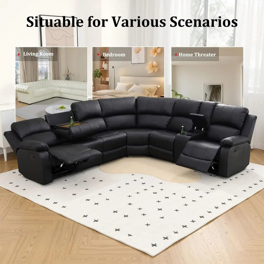 Manual Recliner Sectional Soa Set, aux Leather Reclining Sectional Couch with Cup Holders & Storage ole, L Shape Manual Sectiona